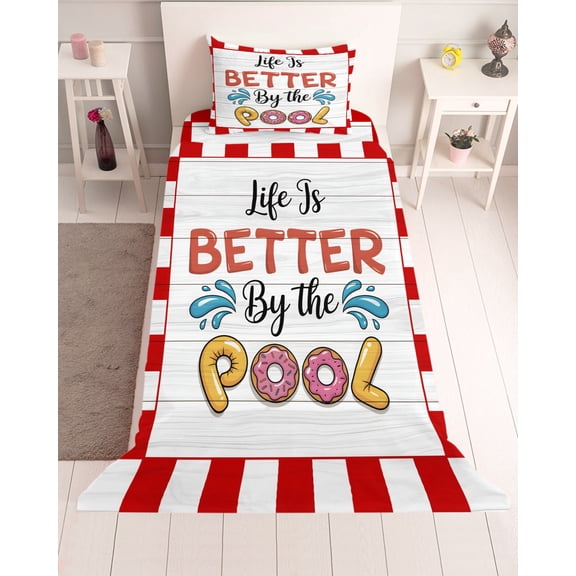 3 Piece Twin Sheet Set Colorful Letters Sheets Set for Twin Size Bed, Breathable Soft Microfiber Bed Sheets Cooling Boho Summer Swimming Circles Red Plaid Fitted Sheet Deep Pocket, Pillowcases
