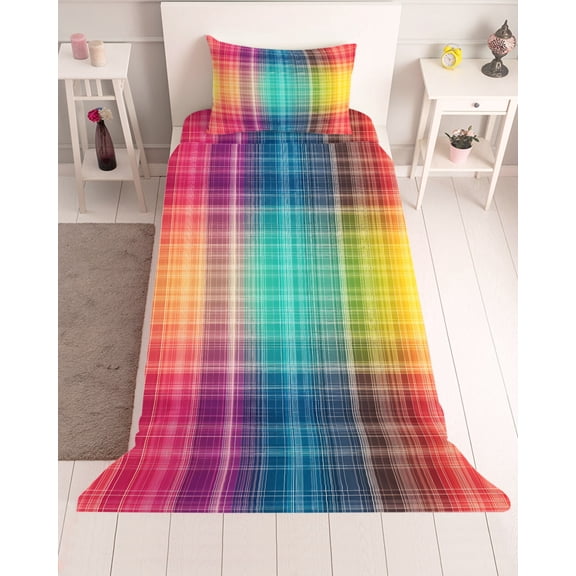 3 Piece Twin Sheet Set Colorful Plaid Sheets Set for Twin Size Bed, Breathable Soft Microfiber Bed Sheets Cooling Modern Chic Rainbow Gradient Striped Fitted Sheet Deep Pocket, Pillowcases