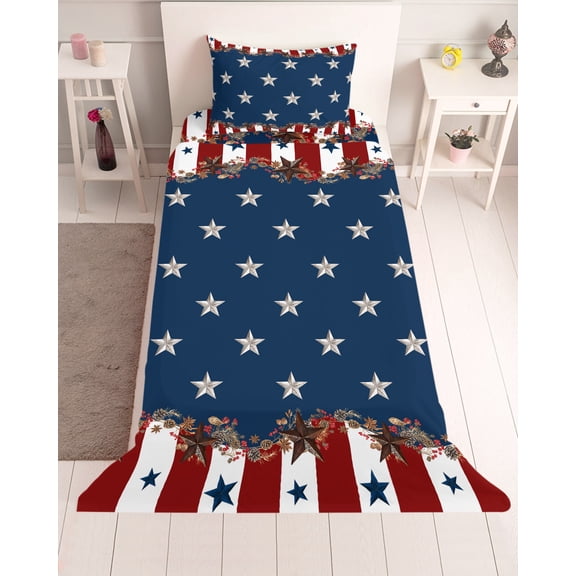 3 Piece Twin Sheet Set Country Star Farm Sheets Set for Twin Size Bed, Breathable Soft Microfiber Bed Sheets Cooling Red Blue Patriots Stripe American Flag Fitted Sheet Deep Pocket, Pillowcases