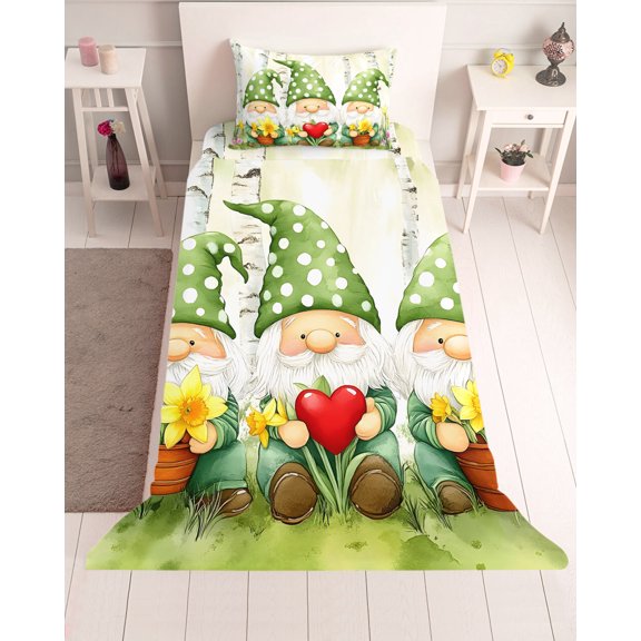 3 Piece Twin Sheet Set Cute Green Gnomes Sheets Set for Twin Size Bed, Breathable Soft Microfiber Bed Sheets Cooling Flowers Forest Heart Vintage Fitted Sheet Deep Pocket, Pillowcases