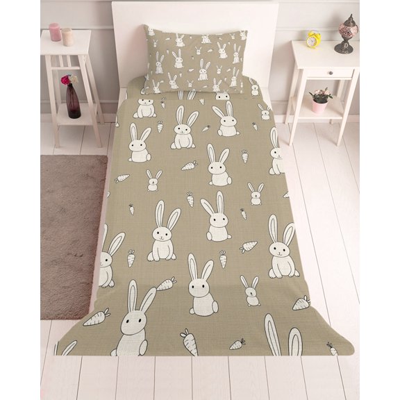 3 Piece Twin Sheet Set Cute Rabbit Sheets Set for Twin Size Bed, Breathable Soft Microfiber Bed Sheets Cooling Cartoon Carrots Harmony Brown Fitted Sheet Deep Pocket, Pillowcases