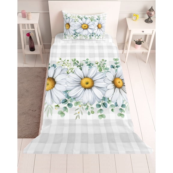 3 Piece Twin Sheet Set Daisy Sheets Set for Twin Size Bed, Breathable Soft Microfiber Bed Sheets Cooling Spring Floral Grey Plaid Eucalyptus Leaves Fitted Sheet Deep Pocket, Pillowcases