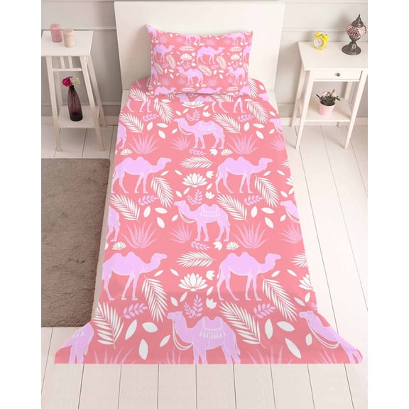 3 Piece Twin Sheet Set Desert Camel Sheets Set for Twin Size Bed, Breathable Soft Microfiber Bed Sheets Cooling Vintage Sand Camel Leaves Flower Pattern Pink Fitted Sheet Deep Pocket, Pillowcases