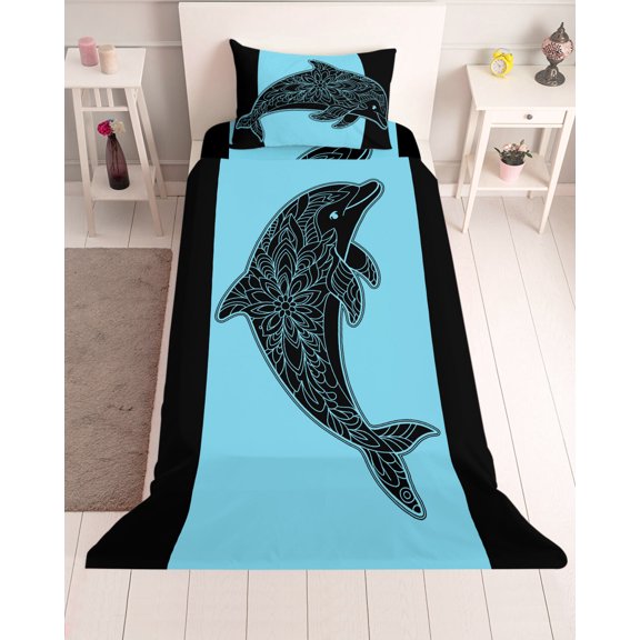 3 Piece Twin Sheet Set Dolphin Black Sheets Set for Twin Size Bed, Breathable Soft Microfiber Bed Sheets Cooling Nautical Mandalas Blue Boho Abstract Fitted Sheet Deep Pocket, Pillowcases