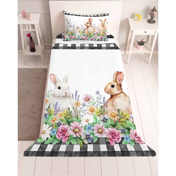 3 Piece Twin Sheet Set Easter Bunny Sheets Set for Twin Size Bed, Breathable Soft Microfiber Bed Sheets Cooling Spring Daisy Flowers Rabbits Buffalo Plaid Fitted Sheet Deep Pocket, Pillowcases