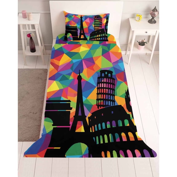 3 Piece Twin Sheet Set Eiffel Tower Sheets Set for Twin Size Bed, Breathable Soft Microfiber Bed Sheets Cooling Modern Colorful European Architectural Art Fitted Sheet Deep Pocket, Pillowcases