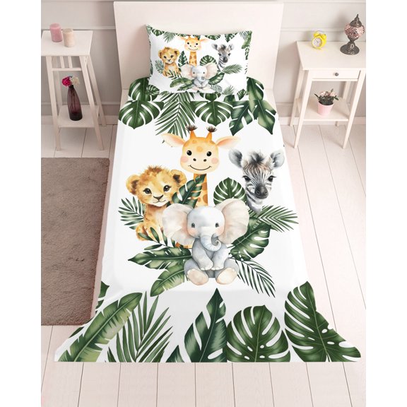 3 Piece Twin Sheet Set Elephant Giraffe Lion Sheets Set for Twin Size Bed, Breathable Soft Microfiber Bed Sheets Cooling Eucalyptus Leaves Cute Animals Fitted Sheet Deep Pocket, Pillowcases
