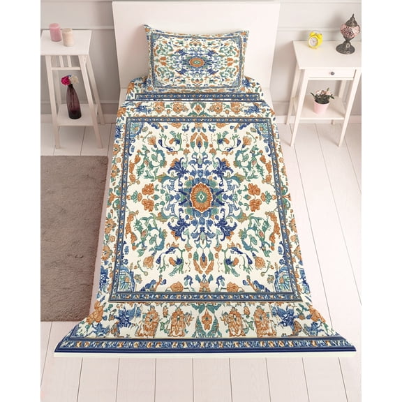 3 Piece Twin Sheet Set Ethnic Rustic Sheets Set for Twin Size Bed, Breathable Soft Microfiber Bed Sheets Cooling Boho Southwestern Heritage Orange Blue Green Fitted Sheet Deep Pocket, Pillowcases