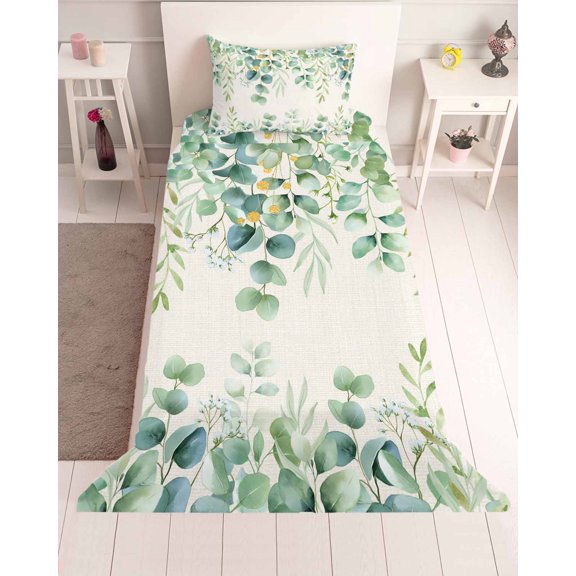 3 Piece Twin Sheet Set Eucalyptus Leaves Sheets Set for Twin Size Bed, Breathable Soft Microfiber Bed Sheets Cooling Sage Green Summer Botanical Fitted Sheet Deep Pocket, Pillowcases
