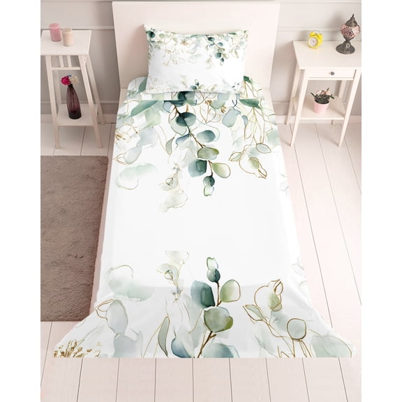 3 Piece Twin Sheet Set Eucalyptus Leaves Sheets Set for Twin Size Bed, Breathable Soft Microfiber Bed Sheets Cooling Watercolor Sage Green Golden Floral Fitted Sheet Deep Pocket, Pillowcases