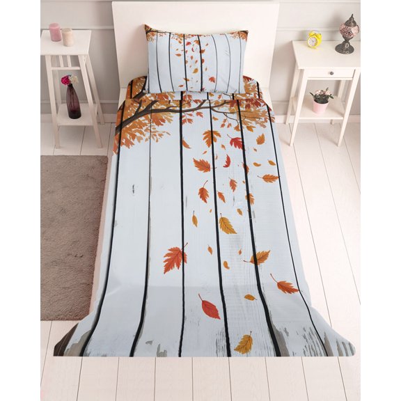 3 Piece Twin Sheet Set Fall Maple Leaf Sheets Set for Twin Size Bed, Breathable Soft Microfiber Bed Sheets Cooling Autumn Tree Leaves Retro Wooden Grain Fitted Sheet Deep Pocket, Pillowcases