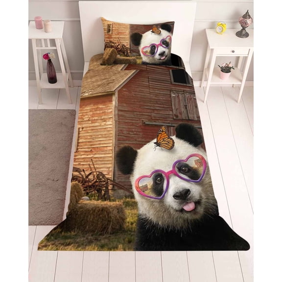 3 Piece Twin Sheet Set Farm Panda Sheets Set for Twin Size Bed, Breathable Soft Microfiber Bed Sheets Cooling Farmhouse Barn Funny Animals Butterfly Fitted Sheet Deep Pocket, Pillowcases