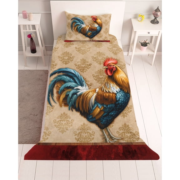 3 Piece Twin Sheet Set Farm Rooster Sheets Set for Twin Size Bed, Breathable Soft Microfiber Bed Sheets Cooling Farmhouse Boho Animals Retro Pattern Fitted Sheet Deep Pocket, Pillowcases