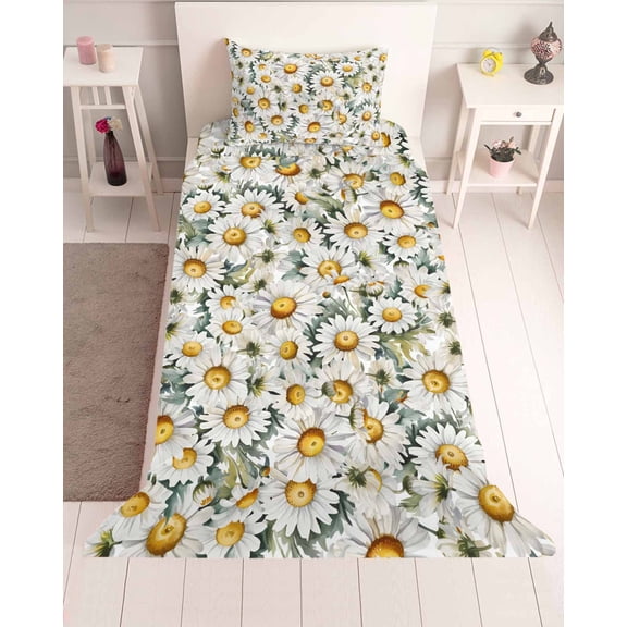 3 Piece Twin Sheet Set Farmhouse Daisy Sheets Set for Twin Size Bed, Breathable Soft Microfiber Bed Sheets Cooling Spring Vintage Country Flower Plant Fitted Sheet Deep Pocket, Pillowcases