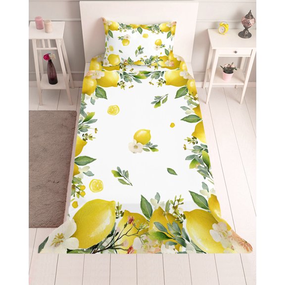 3 Piece Twin Sheet Set Farmhouse Lemon Sheets Set for Twin Size Bed, Breathable Soft Microfiber Bed Sheets Cooling Summer Fruit Botanical Floral Fitted Sheet Deep Pocket, Pillowcases