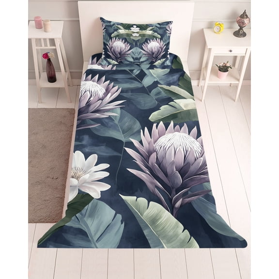 3 Piece Twin Sheet Set Flower Plant Sheets Set for Twin Size Bed, Breathable Soft Microfiber Bed Sheets Cooling Vintage Floral Nature Watercolor Palm Leaf Fitted Sheet Deep Pocket, Pillowcases