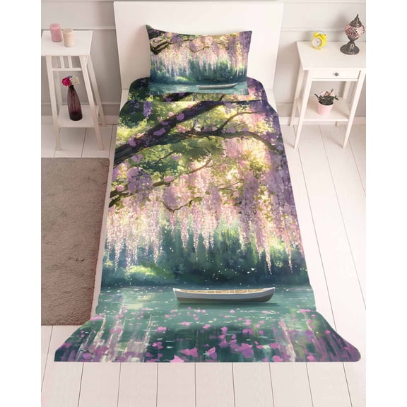 3 Piece Twin Sheet Set Forest Boat Sheets Set for Twin Size Bed, Breathable Soft Microfiber Bed Sheets Cooling Green Tree Flowers Floral Wilderness Scenery Fitted Sheet Deep Pocket, Pillowcases