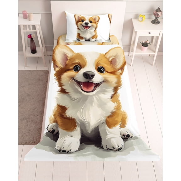 3 Piece Twin Sheet Set Funny Puppy Sheets Set for Twin Size Bed, Breathable Soft Microfiber Bed Sheets Cooling Dog Animal Pattern Modern Minimalism Art Fitted Sheet Deep Pocket, Pillowcases