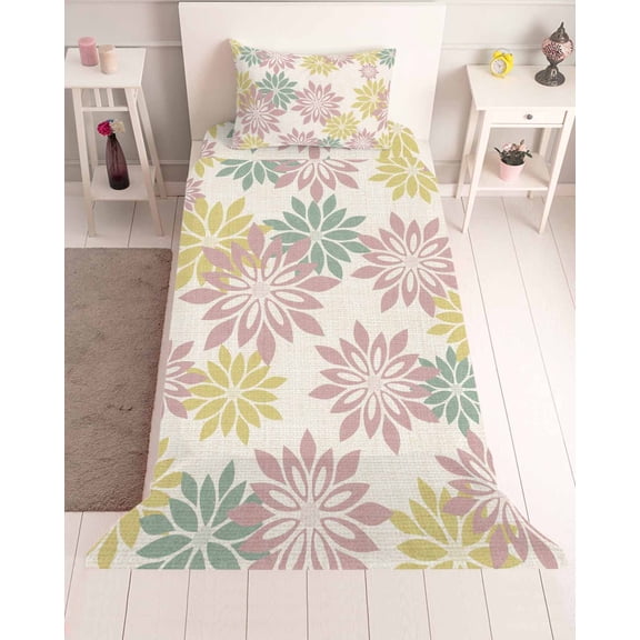 3 Piece Twin Sheet Set Geometric Flower Sheets Set for Twin Size Bed, Breathable Soft Microfiber Bed Sheets Cooling Vintage Country Floral Pink Green on Linen Fitted Sheet Deep Pocket, Pillowcases