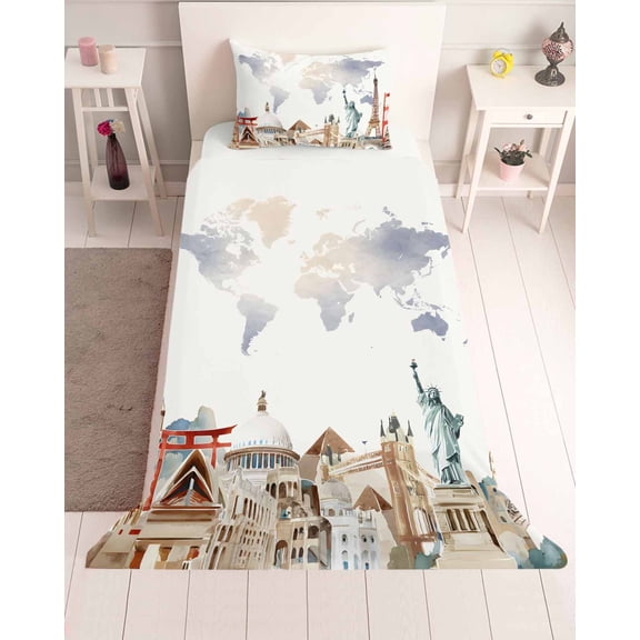 3 Piece Twin Sheet Set Gray Beige Map Sheets Set for Twin Size Bed, Breathable Soft Microfiber Bed Sheets Cooling Funny Abstract Cloud Illustration Art Fitted Sheet Deep Pocket, Pillowcases
