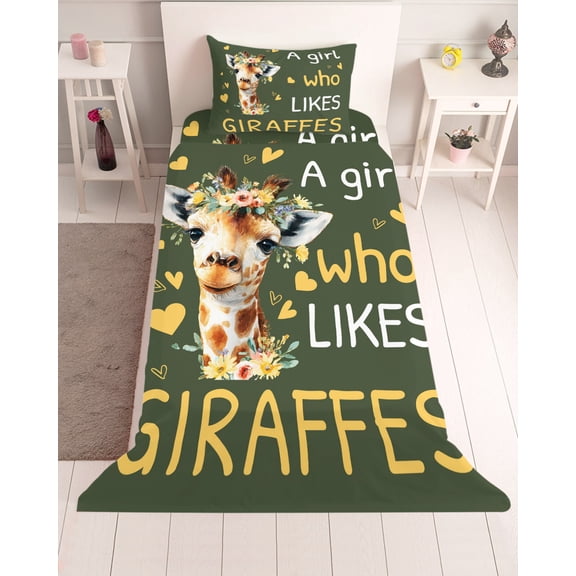 3 Piece Twin Sheet Set Green Giraffe Sheets Set for Twin Size Bed, Breathable Soft Microfiber Bed Sheets Cooling Love Heart Spring Floral Botanical Fitted Sheet Deep Pocket, Pillowcases