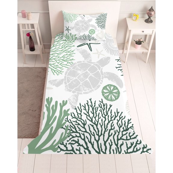 3 Piece Twin Sheet Set Green Grey Coastal Turtle Sheets Set for Twin Size Bed, Breathable Soft Microfiber Bed Sheets Cooling Ocean Coral Nautical Fitted Sheet Deep Pocket, Pillowcases
