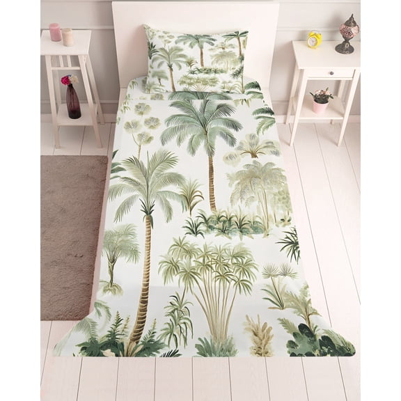 3 Piece Twin Sheet Set Green Palm Tree Sheets Set for Twin Size Bed, Breathable Soft Microfiber Bed Sheets Cooling Summer Tropical Botanical Fitted Sheet Deep Pocket, Pillowcases