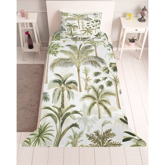 3 Piece Twin Sheet Set Green Palm Tree Tropical Sheets Set for Twin Size Bed, Breathable Soft Microfiber Bed Sheets Cooling Beach Summer Botanical Fitted Sheet Deep Pocket, Pillowcases