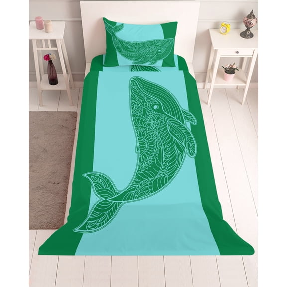 3 Piece Twin Sheet Set Green Whale Sheets Set for Twin Size Bed, Breathable Soft Microfiber Bed Sheets Cooling Mandalas Boho Modern Abstract Aqua Stripe Fitted Sheet Deep Pocket, Pillowcases