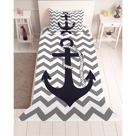 3 Piece Twin Sheet Set Grey Zigzag Sheets Set for Twin Size Bed, Breathable Soft Microfiber Bed Sheets Cooling Coastal Nautical Anchor Stripes Fitted Sheet Deep Pocket, Pillowcases