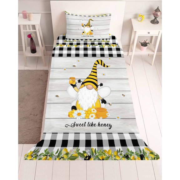 3 Piece Twin Sheet Set Honey Gnomes Sheets Set for Twin Size Bed, Breathable Soft Microfiber Bed Sheets Cooling Spring Botanical Lemons Leaves Wooden Grain Fitted Sheet Deep Pocket, Pillowcases
