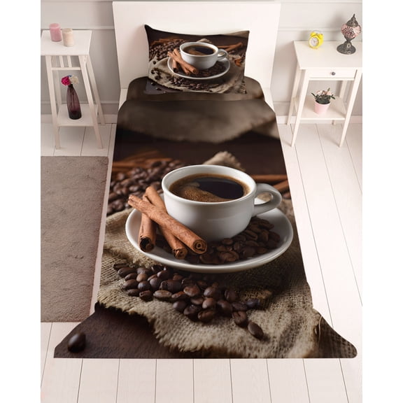 3 Piece Twin Sheet Set Hot Coffee Sheets Set for Twin Size Bed, Breathable Soft Microfiber Bed Sheets Cooling Cinnamon Cafe Beans Latte Cup Rustic Vintage Fitted Sheet Deep Pocket, Pillowcases