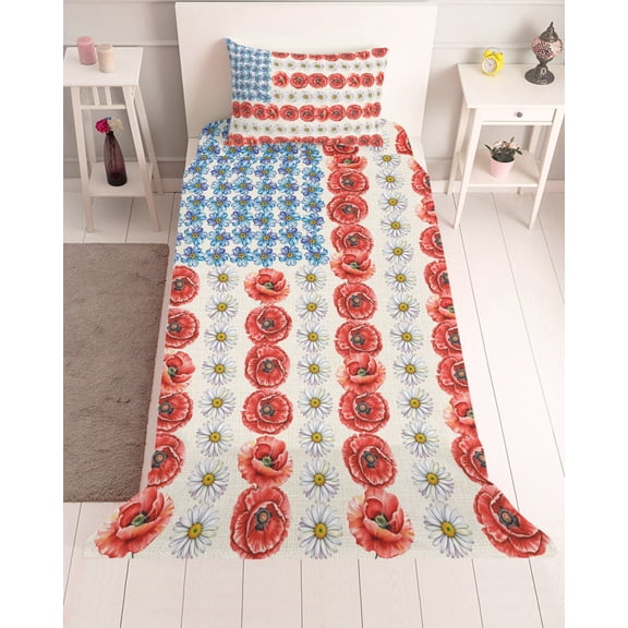 3 Piece Twin Sheet Set Independence Day Sheets Set for Twin Size Bed, Breathable Soft Microfiber Bed Sheets Cooling American Flag Red Blue White Flowers Fitted Sheet Deep Pocket, Pillowcases