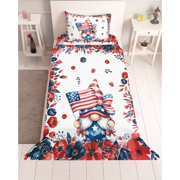 3 Piece Twin Sheet Set Independence Day Sheets Set for Twin Size Bed, Breathable Soft Microfiber Bed Sheets Cooling Gnomes American Flag Red Blue Flowers Fitted Sheet Deep Pocket, Pillowcases