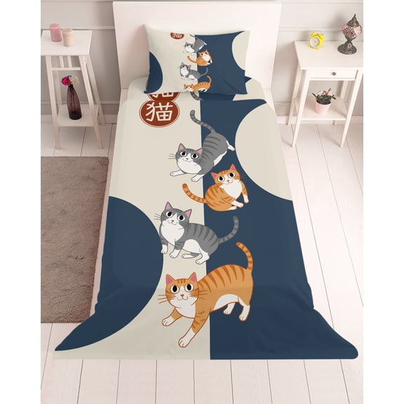 3 Piece Twin Sheet Set Japanese Cute Cats Sheets Set for Twin Size Bed, Breathable Soft Microfiber Bed Sheets Cooling Harmony Cartoon Kitty Fitted Sheet Deep Pocket, Pillowcases