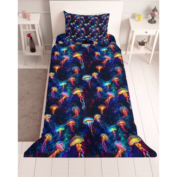 3 Piece Twin Sheet Set Jellyfish Sheets Set for Twin Size Bed, Breathable Soft Microfiber Bed Sheets Cooling Rainbow Ocean Coastal Animal Dream Starry Sky Fitted Sheet Deep Pocket, Pillowcases