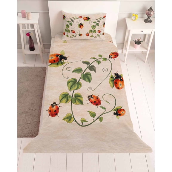 3 Piece Twin Sheet Set Ladybugs Eucalyptus Sheets Set for Twin Size Bed, Breathable Soft Microfiber Bed Sheets Cooling Spring Botanical Leaves Retro Fitted Sheet Deep Pocket, Pillowcases