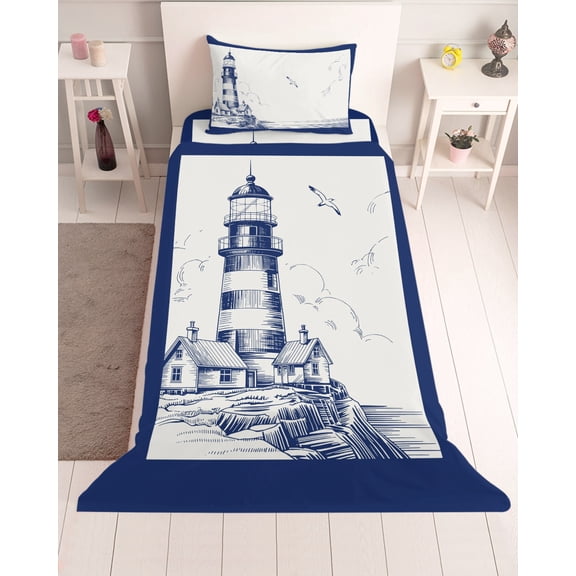 3 Piece Twin Sheet Set Lighthouse Sheets Set for Twin Size Bed, Breathable Soft Microfiber Bed Sheets Cooling Ocean Seagull Vintage Navy Blue Coastal Boat Fitted Sheet Deep Pocket, Pillowcases