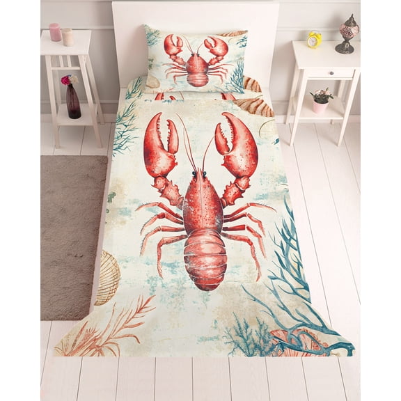 3 Piece Twin Sheet Set Lobster Coastal Sheets Set for Twin Size Bed, Breathable Soft Microfiber Bed Sheets Cooling Nautical Beach Coral Shell Ocean Retro Fitted Sheet Deep Pocket, Pillowcases