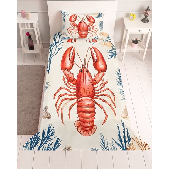3 Piece Twin Sheet Set Lobster Coastal Sheets Set for Twin Size Bed, Breathable Soft Microfiber Bed Sheets Cooling Summer Beach Coral Shell Nautical Red Blue Fitted Sheet Deep Pocket, Pillowcases