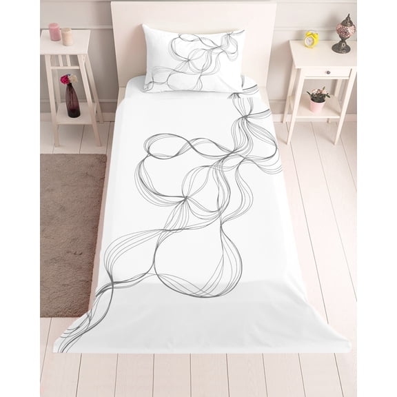 3 Piece Twin Sheet Set Modern White Sheets Set for Twin Size Bed, Breathable Soft Microfiber Bed Sheets Cooling Minimalist Abstract Ribbon A Sketch Rt Fitted Sheet Deep Pocket, Pillowcases