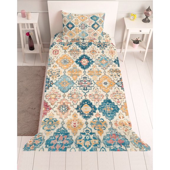 3 Piece Twin Sheet Set Morocco Ethnic Sheets Set for Twin Size Bed, Breathable Soft Microfiber Bed Sheets Cooling Boho Country Retro Abstract Checked Fitted Sheet Deep Pocket, Pillowcases