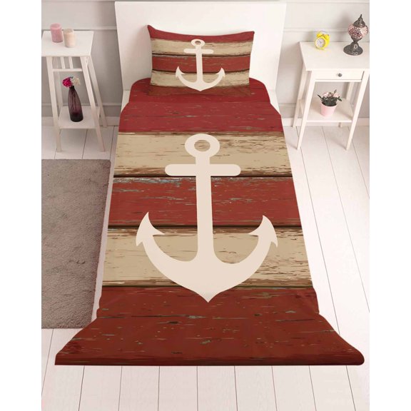3 Piece Twin Sheet Set Nautical Anchor Sheets Set for Twin Size Bed, Breathable Soft Microfiber Bed Sheets Cooling Red Beige Rretro Wooden Board Textures Fitted Sheet Deep Pocket, Pillowcases
