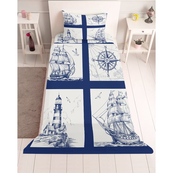 3 Piece Twin Sheet Set Nautical Navy Sheets Set for Twin Size Bed, Breathable Soft Microfiber Bed Sheets Cooling Blue Lighthouse Boat Compass Ocean Fitted Sheet Deep Pocket, Pillowcases