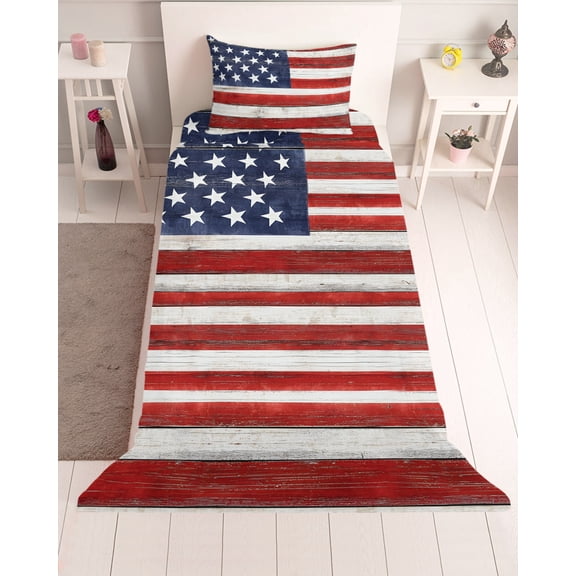3 Piece Twin Sheet Set Navy Blue American Flag Sheets Set for Twin Size Bed, Breathable Soft Microfiber Bed Sheets Cooling Red US Flag Wooden Vintage Fitted Sheet Deep Pocket, Pillowcases