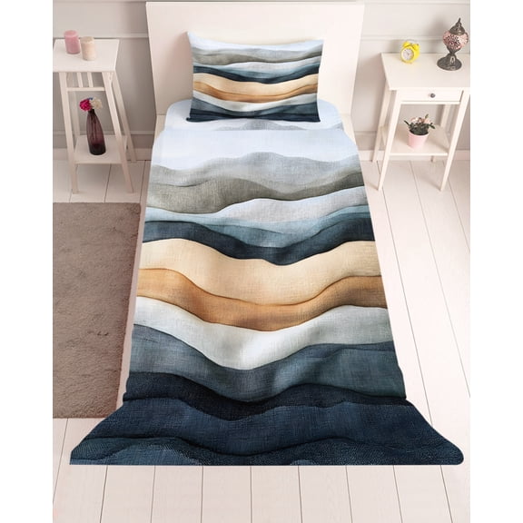 3 Piece Twin Sheet Set Navy Blue Beige Ombre Sheets Set for Twin Size Bed, Breathable Soft Microfiber Bed Sheets Cooling Vintage Modern Abstract Aesthetic Fitted Sheet Deep Pocket, Pillowcases
