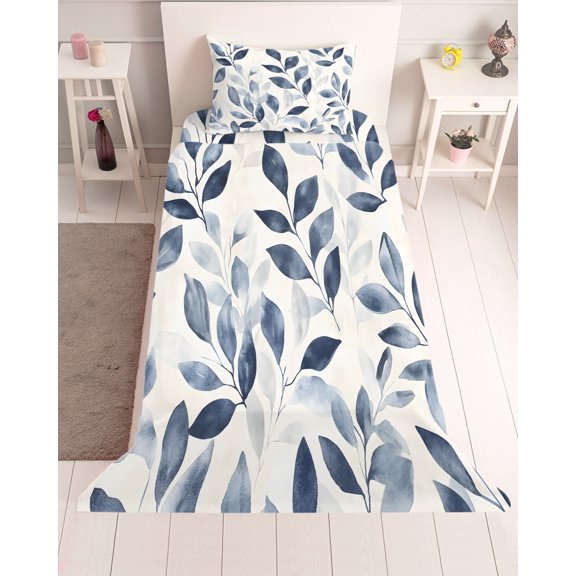 3 Piece Twin Sheet Set Navy Blue Botanical Sheets Set for Twin Size Bed, Breathable Soft Microfiber Bed Sheets Cooling Pastoral Spring Leaves Watercolor Fitted Sheet Deep Pocket, Pillowcases