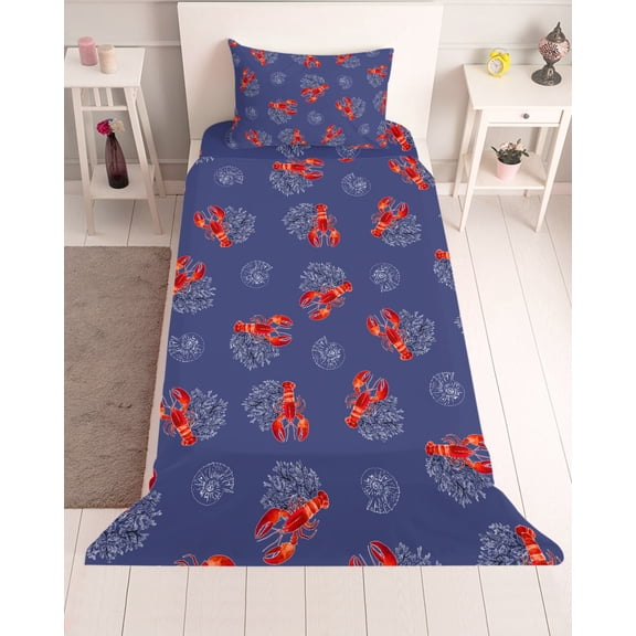 3 Piece Twin Sheet Set Navy Blue Coastal Sheets Set for Twin Size Bed, Breathable Soft Microfiber Bed Sheets Cooling Red Lobster Nautical Ocean Fitted Sheet Deep Pocket, Pillowcases