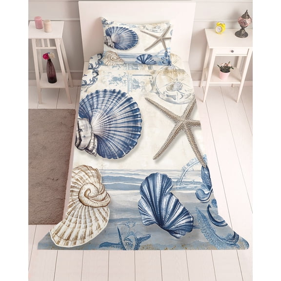 3 Piece Twin Sheet Set Navy Blue Coastal Sheets Set for Twin Size Bed, Breathable Soft Microfiber Bed Sheets Cooling Vintage Sea Beach Shell Starfish Fitted Sheet Deep Pocket, Pillowcases