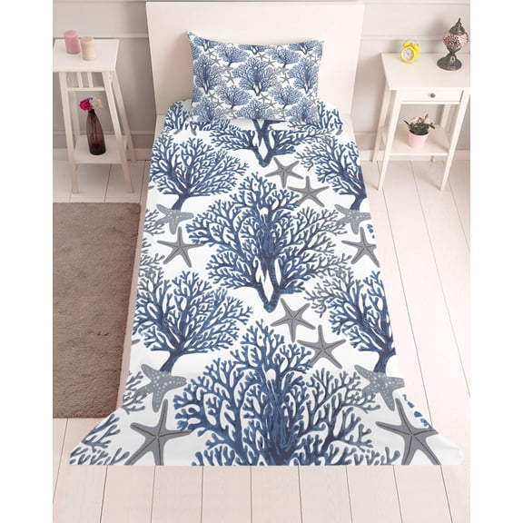 3 Piece Twin Sheet Set Navy Blue Coral Coastal Sheets Set for Twin Size Bed, Breathable Soft Microfiber Bed Sheets Cooling Summer Beach Starfish Nautical Fitted Sheet Deep Pocket, Pillowcases